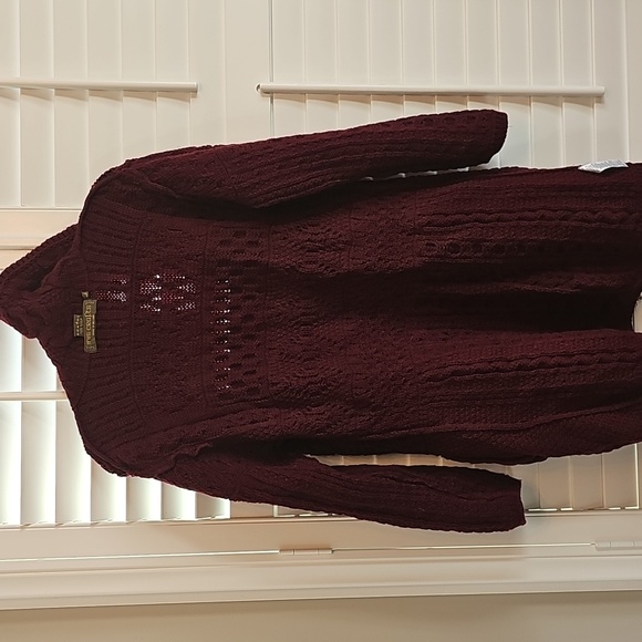 Inis Crafts Women's Burgandy Cable Knit Coat - Picture 5 of 10